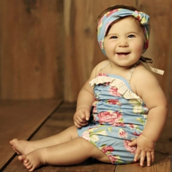 NWT Mustard Pie Floral & Gray Ruched Baby Bubble Romper - Picture 3 of 9